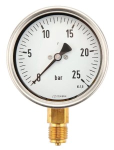 Manometr glicerynowy, Ø 100 mm 0-25 bar, przyłącze dolne 1/2" MA10025L08SSGF
