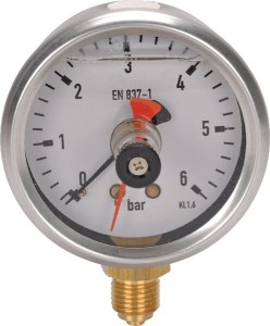Manometr glicerynowy, Ø 63 mm 0-6 bar, przyłącze dolne 1/4" ze wskaźnikiem pamięci MA6306MEMPOINT