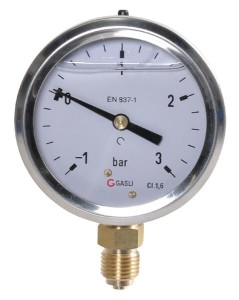 Manowakuometr glicerynowy, Ø 63 mm -1/+3 bar, przyłącze dolne 1/4" MAV630130L04SSGF