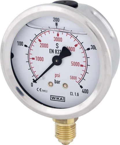 Manometr glicerynowy, Ø 100 mm 400 bar, przyłącze dolne 1/2" B711W100400D - Intertraktor