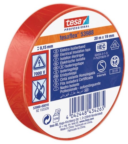 Taśma izolacyjna z miękkiego PCW, czerwona, 20 m x 19 mm TesaFLEX® T539880001600 - Intertraktor
