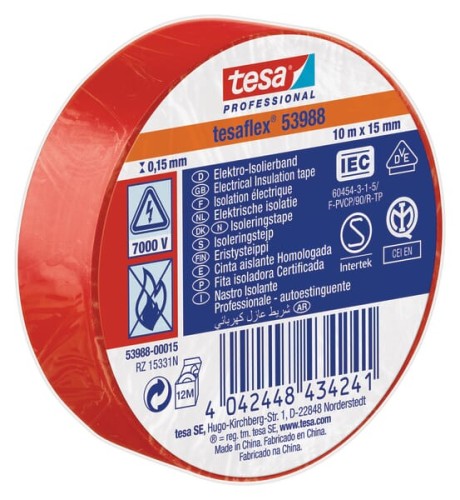 Taśma izolacyjna z miękkiego PCW, czerwona, 10 m x 15 mm TesaFLEX® T539880001500 - Intertraktor