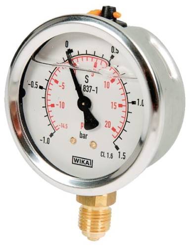 Manowakuometr glicerynowy, Ø 63 mm -1/+1.5 bar, przyłącze dolne 1/4" B711WM0631015D - Intertraktor