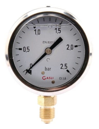 Manometr glicerynowy, Ø 63 mm 0-2.5 bar, przyłącze dolne 1/4" MA63025L04SSGF - Intertraktor