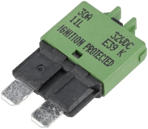 Bezpiecznik termiczny, manualny reset 28V 30A L=34.4 mm zielony E.T.A SI25030 - Intertraktor