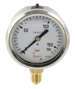 Manometr glicerynowy, Ø 63 mm 0-160 bar, przyłącze dolne 1/4" MA63160L04SSGF