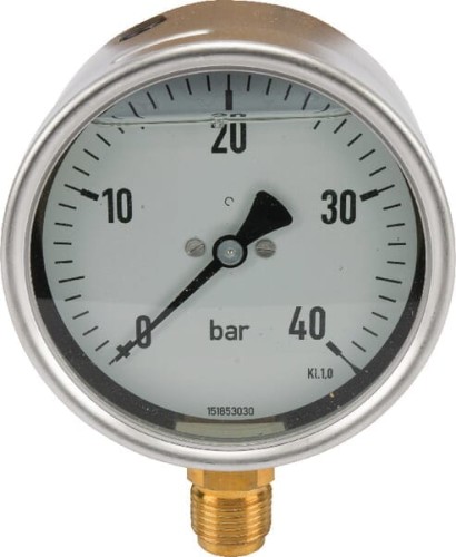 Manometr glicerynowy, Ø 100 mm 0-40 bar, przyłącze dolne 1/2" MA10040L08SSGF - Intertraktor