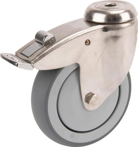 Caster wheel swivel, rubber wheel: Ø125x32mm, with brake, stainless steel single bolt hole Load: 100kg, Tente 7477PJC125P3011 - Intertraktor