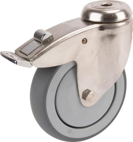 Caster wheel swivel, rubber wheel: Ø100x32mm, with brake, stainless steel single bolt hole Load: 100kg, Tente 7477PJC100P3011 - Intertraktor