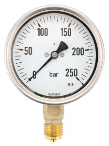 Manometr glicerynowy, Ø 100 mm 0-250 bar, przyłącze dolne 1/2" MA100250L08SSGF