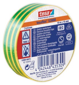 Taśma izolacyjna z miękkiego PCW, żółto-zielona, 10 m x 15 mm TesaFLEX® T539880007500