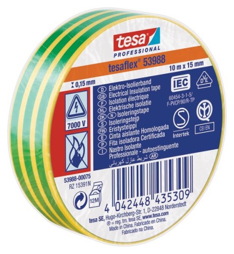 Taśma izolacyjna z miękkiego PCW, żółto-zielona, 10 m x 15 mm TesaFLEX® T539880007500 - Intertraktor