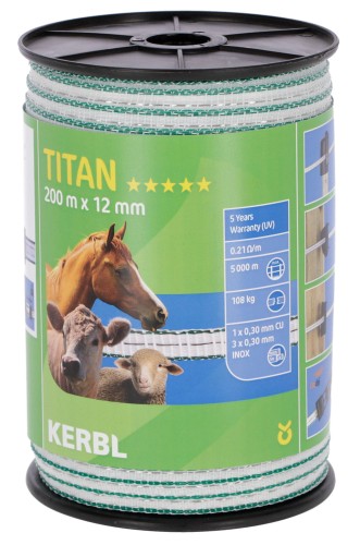 Taśma ogrodzeniowa TITAN, 200m x 12mm, biało-zielona, Kerbl - Intertraktor