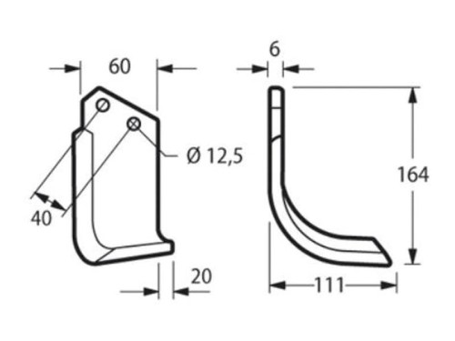 Nóż do glebogryzarki Zakrzywiony lewa 60x6mm Wysokość: 164mm. odległość pomiedzy otworami: 40mm. Otwór Ø: 12.5mm. Zastępuje Celli Zastępuje: 531512 S.79671 - Intertraktor